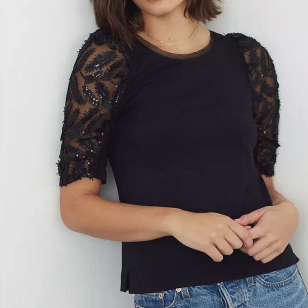 Anthropologie Black Blouse Puffed Lace Sequin Short Sleeves